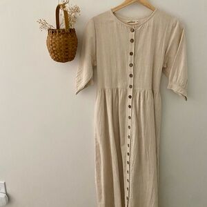 Chic Beige Button-Front Long Sleeve Dress